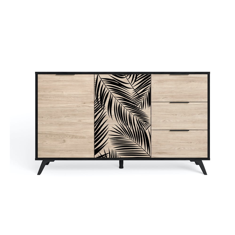 Fekete alacsony komód tölgyfa dekorral 136x81 cm Palmera - Marckeric