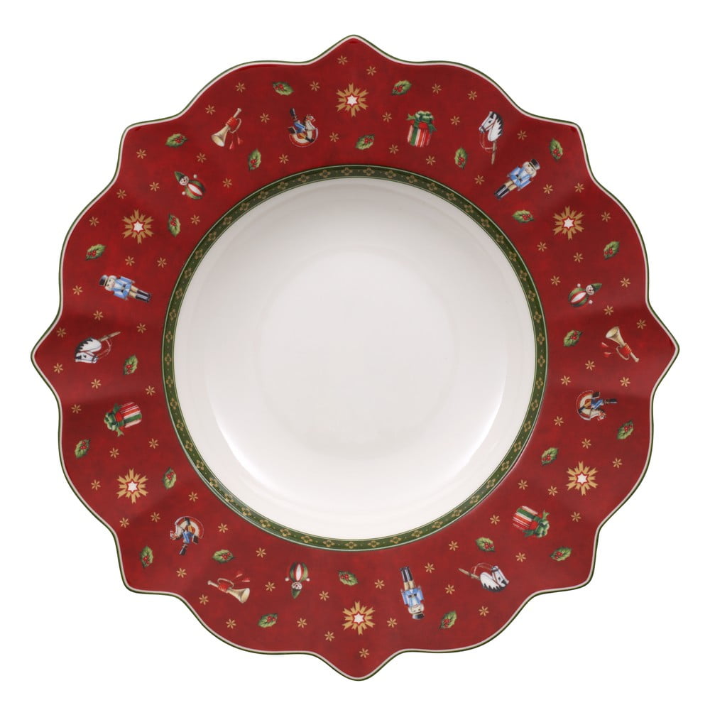 Piros porcelán mélytányér tányér karácsonyi motívummal