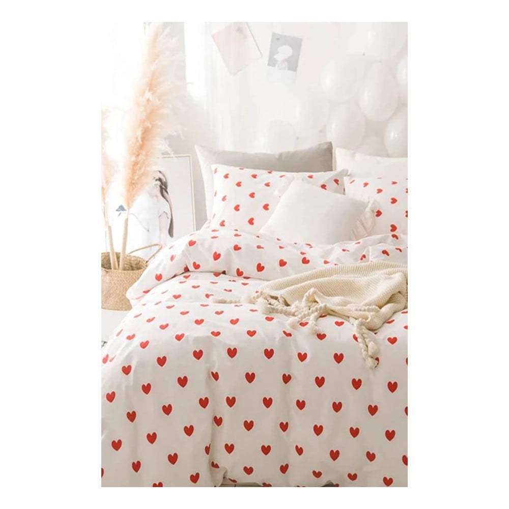 Krémszínű kétszemélyes hosszabbított négyrészes renforcé pamut ágyneműhuzat lepedővel 200x220 cm Mini Hearts – Mila Home