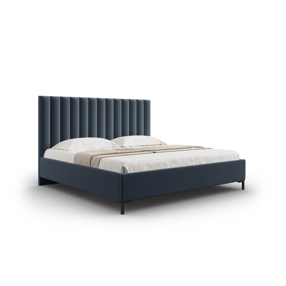 Sötétkék kárpitozott ágyneműtartós franciaágy ágyráccsal 200x200 cm Casey – Mazzini Beds