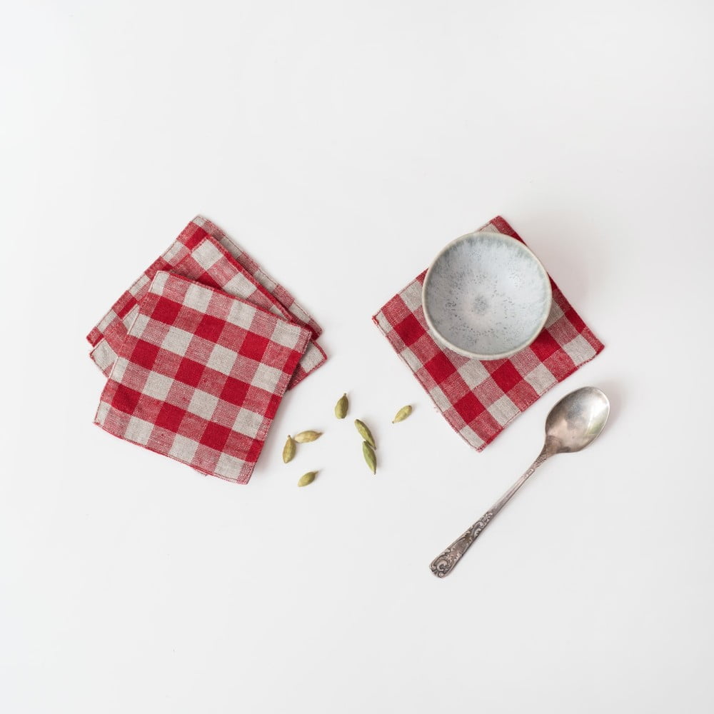 Piros textil poháralátét szett 4 db-os Red Gingham – Linen Tales